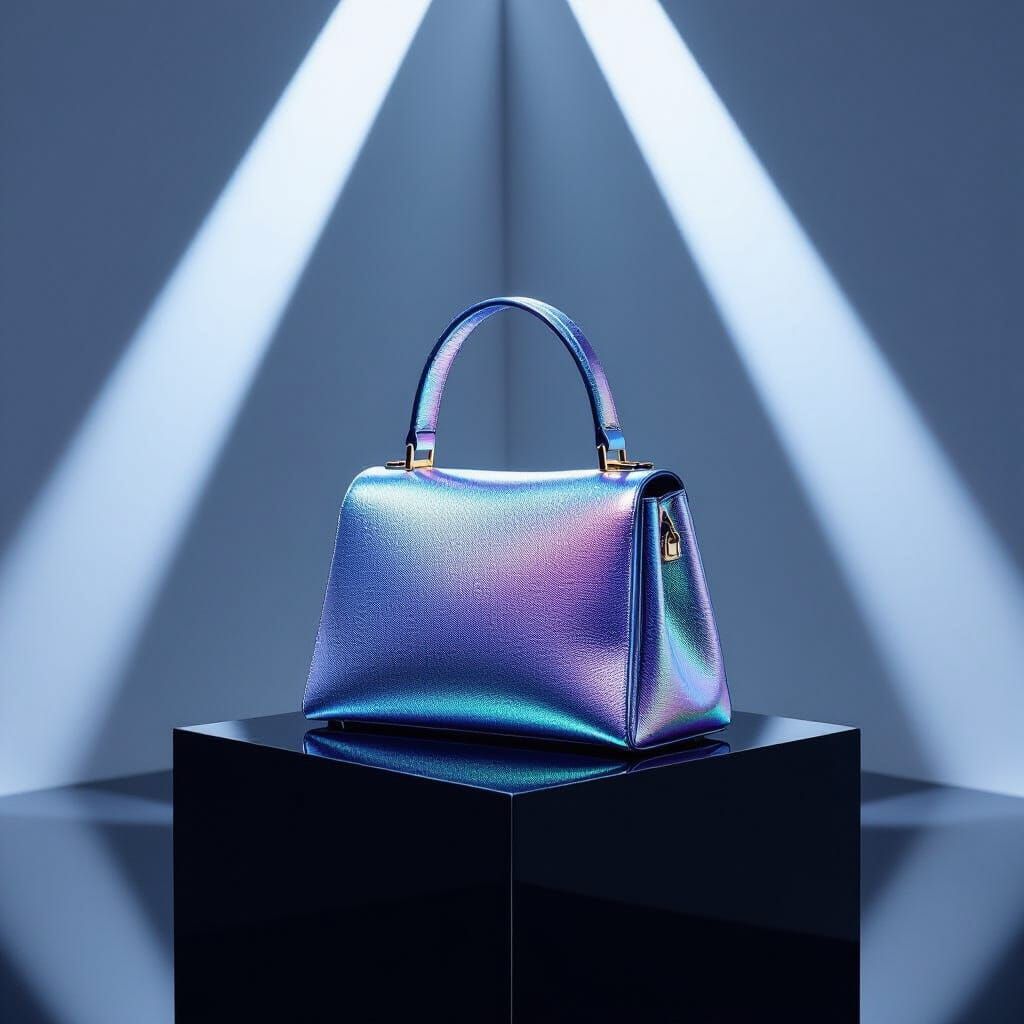 Futuristic Iridescent Handbag on Obsidian Pedestal