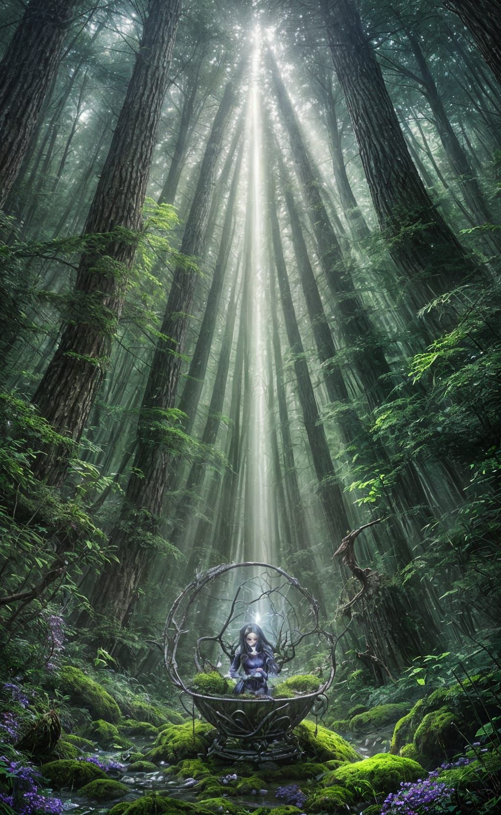 Mystical Witch Tending Cauldron in Ancient Grove