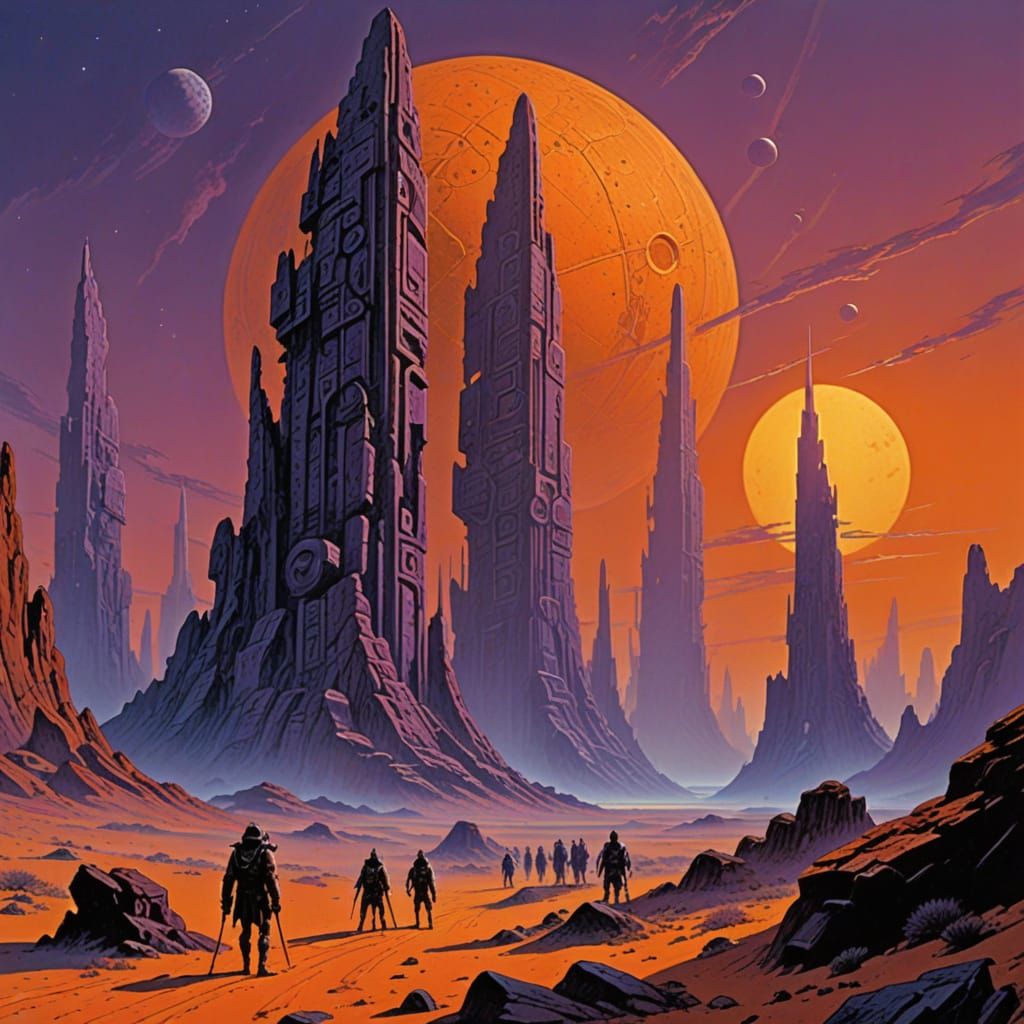Desolate Planet with Monoliths in Retro Sci-Fi Style