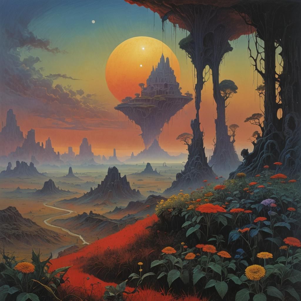 Alien World with Phantasmagorical Plants in Dark Fantasy Sty...