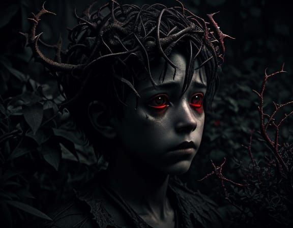 Child Lost in Nightmarish Garden with Hopeful Light