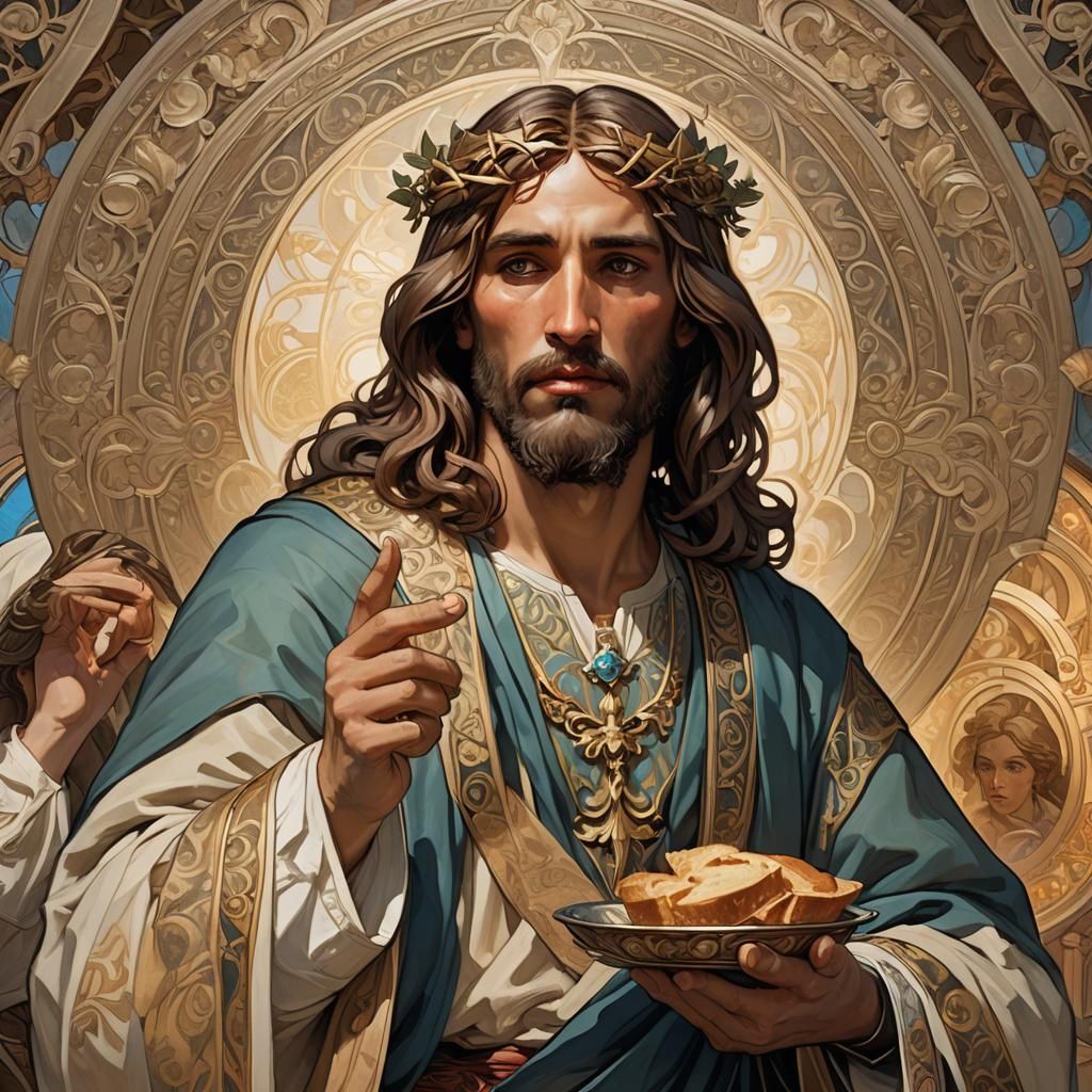 Jesus Offers Bread in Baroque Art Nouveau Style