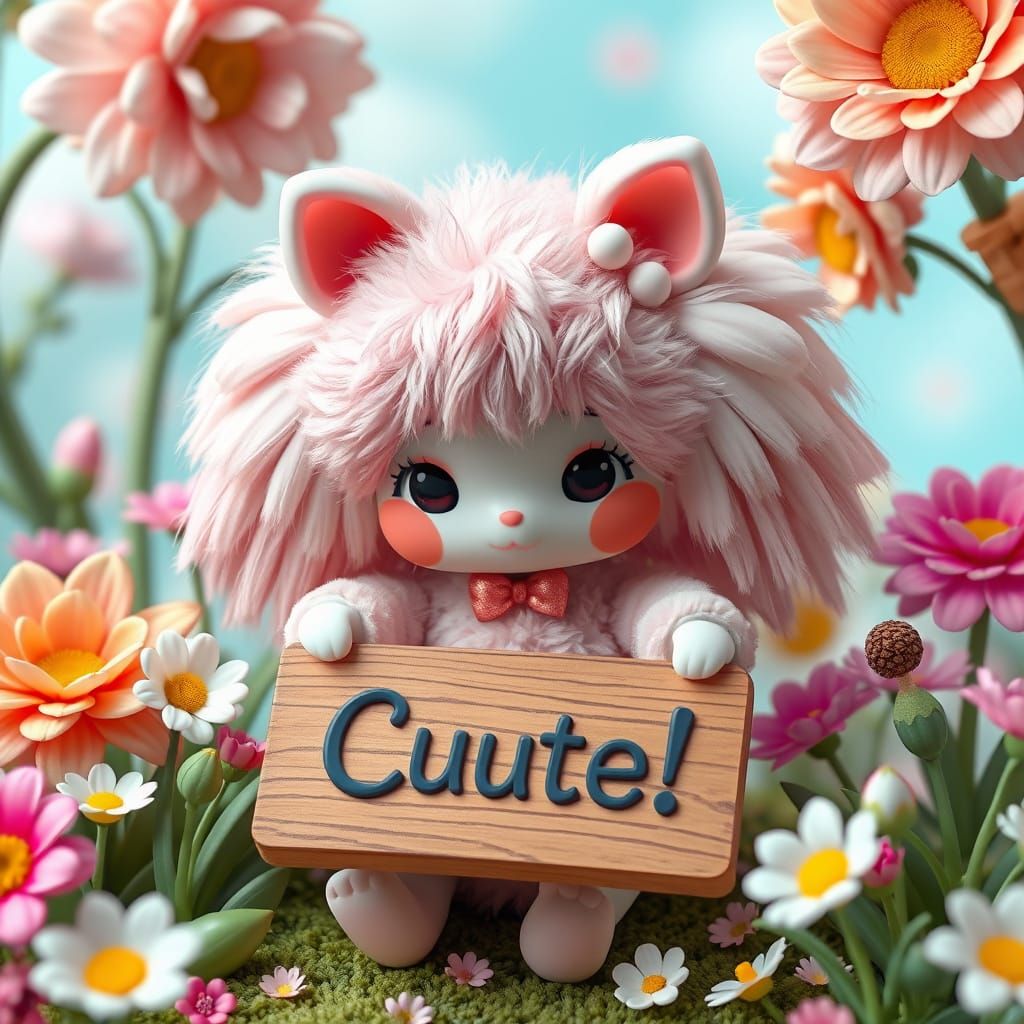Fluffy Doll with "Cuuute!" Table in Surreal Wonderland