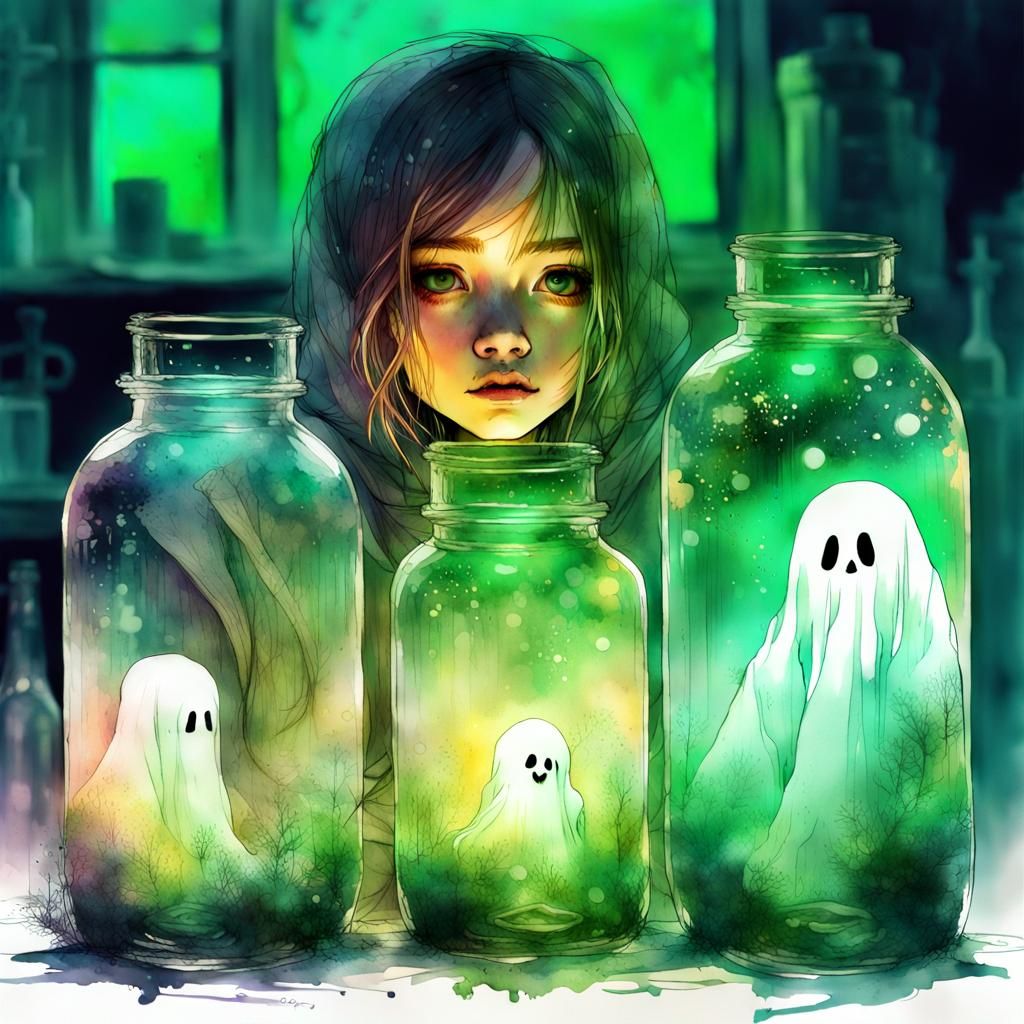 Chibi Ghost Trapped in Bottle: Digital Watercolor Art