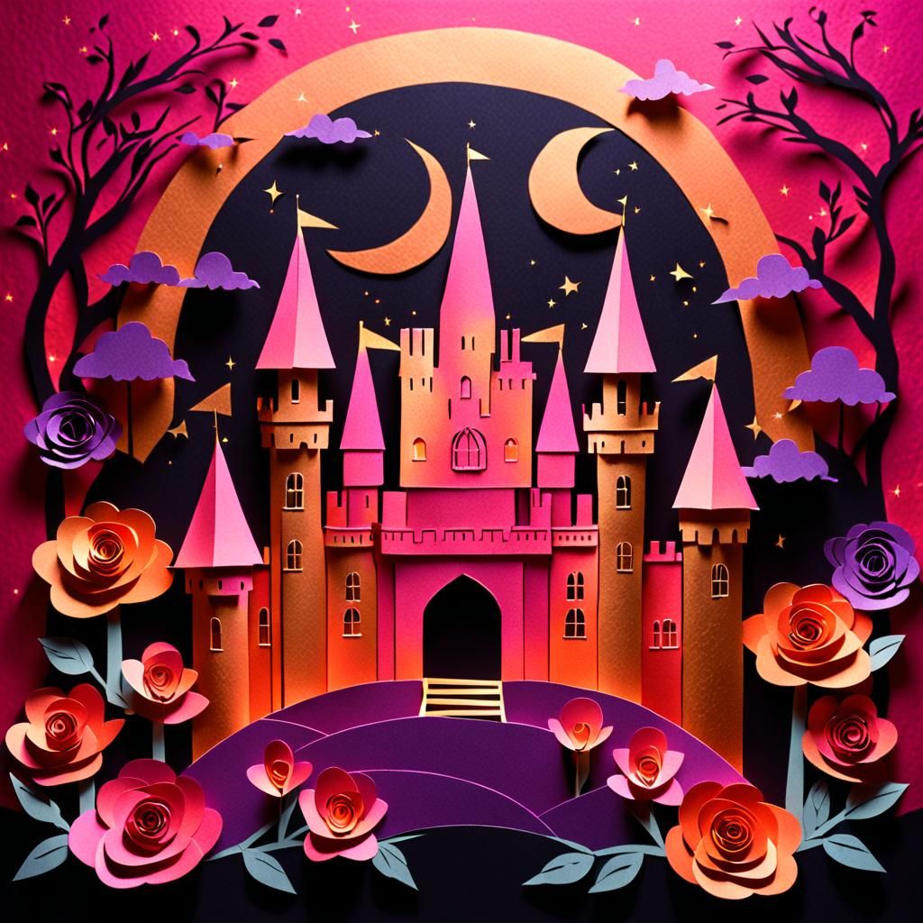Paper Rose Garden and Castle in Kirigami Style