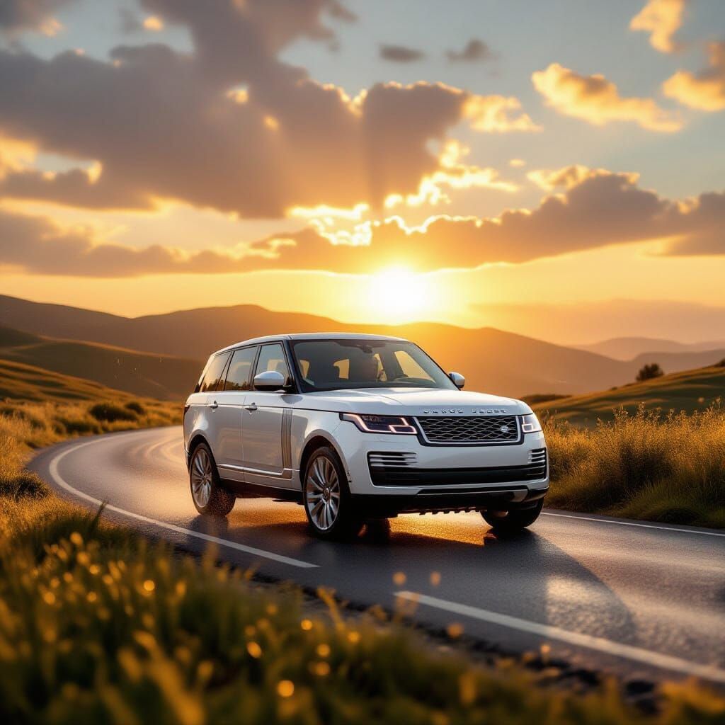 Pearl White Range Rover in Golden Hour Sunset with Soft Rain
