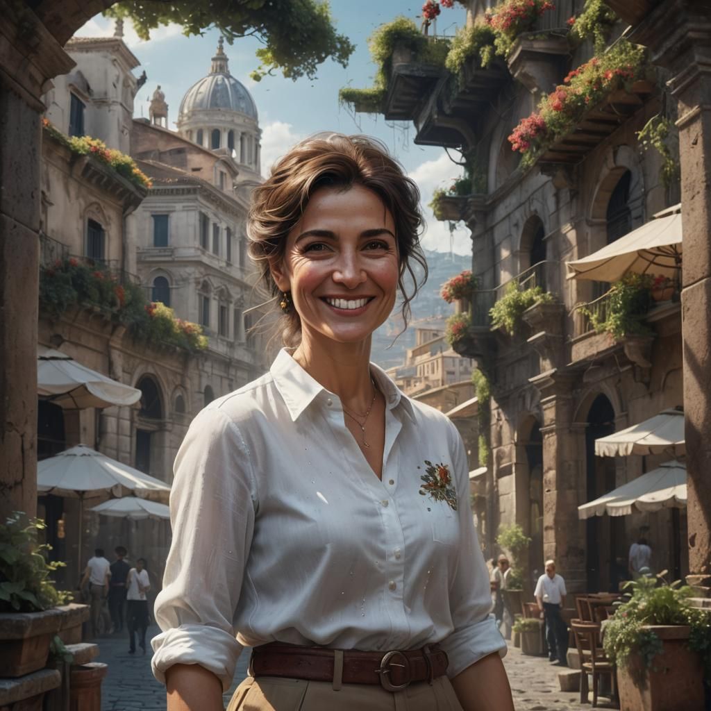 Beautiful Italian Woman Smiling in Rome, Detailed Art