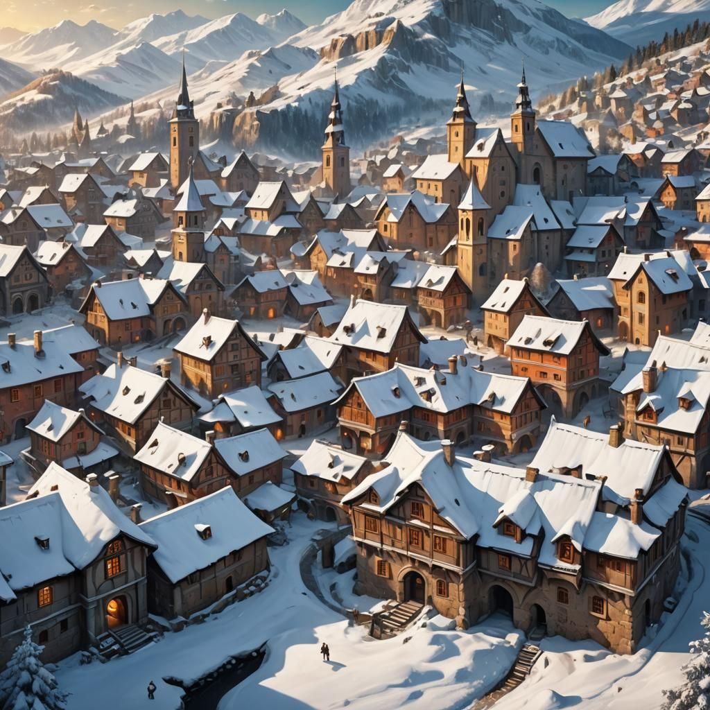 Winter Village in Baroque Fantasy Art Style