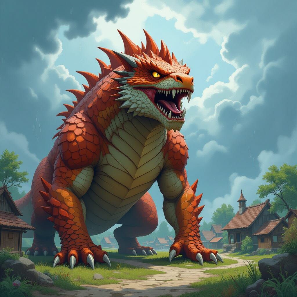 Majestic Scaled Guardian Protecting Village in Illustrative ...