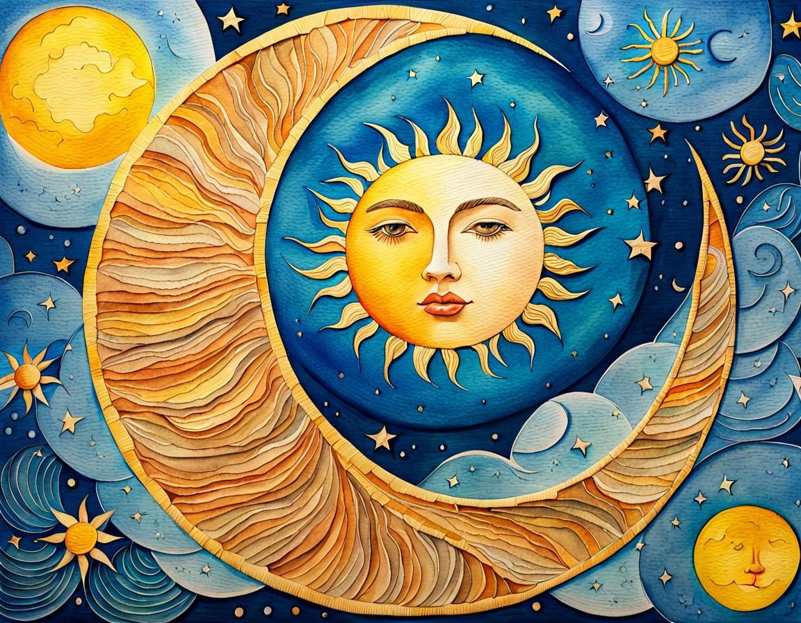 Sun Inside Moon Paper Art Watercolor