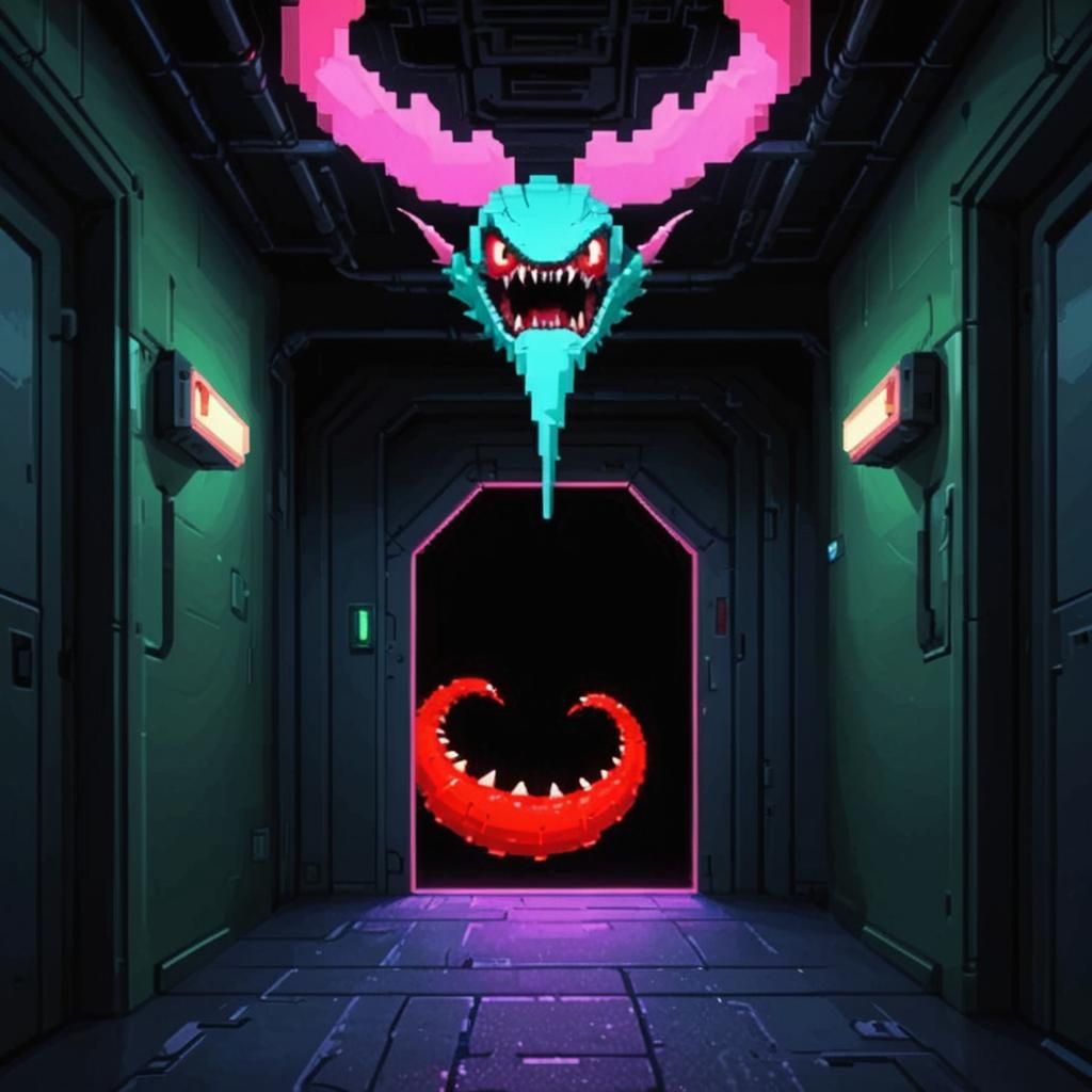 Evil Red Worm in Space Station Hallway: Pixel Art