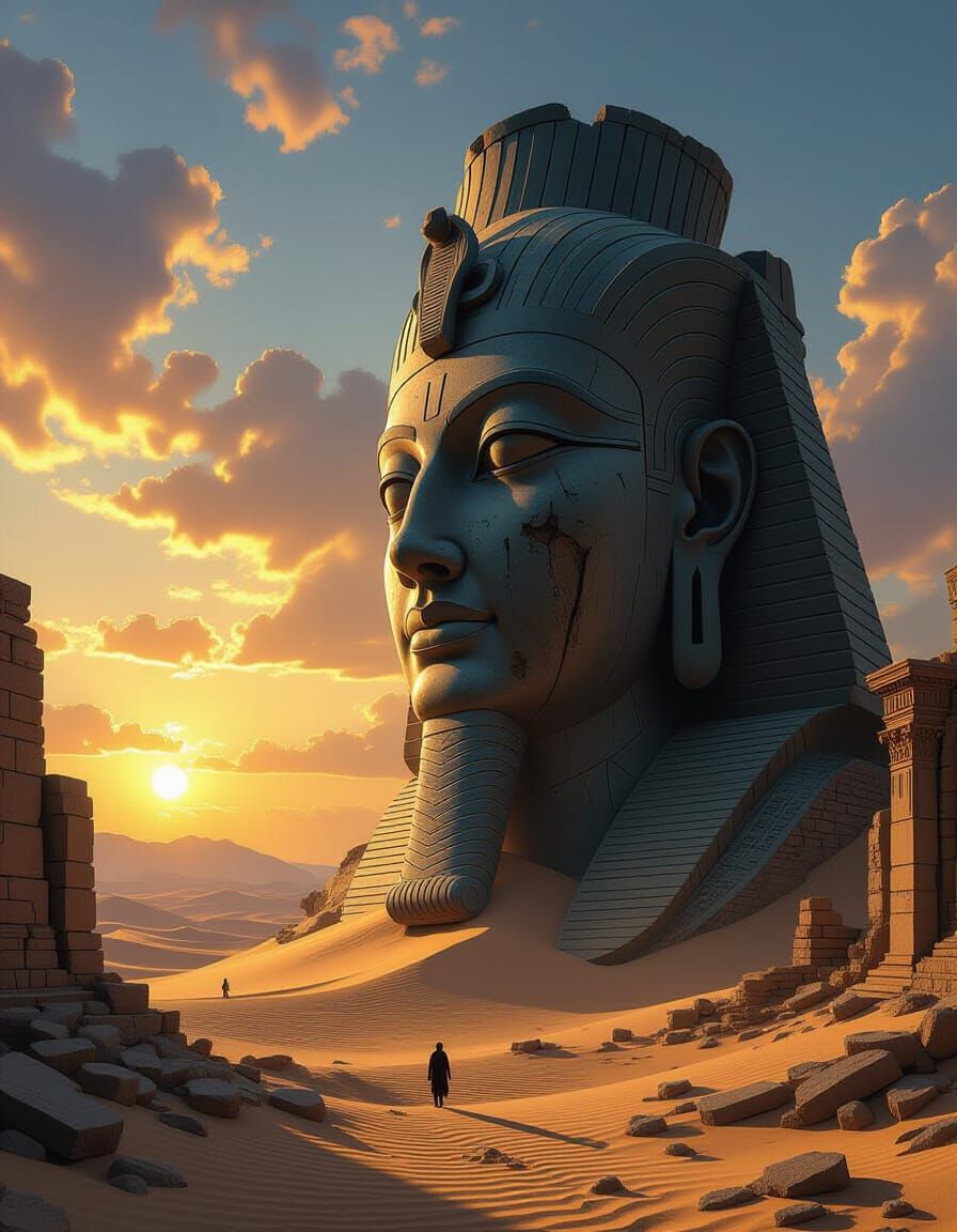 Colossal God Statue in Desert Ruins