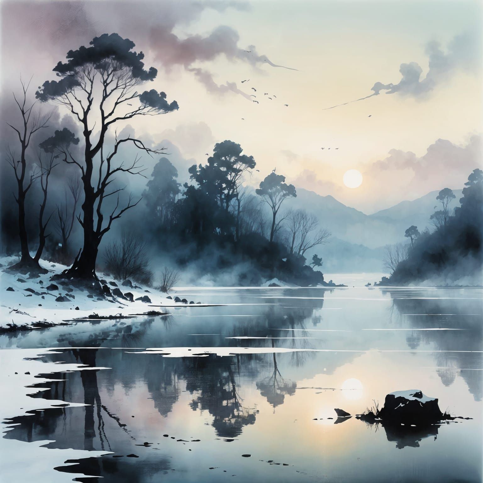 Grunge Watercolour Concept of Winter Lake in Low Fog