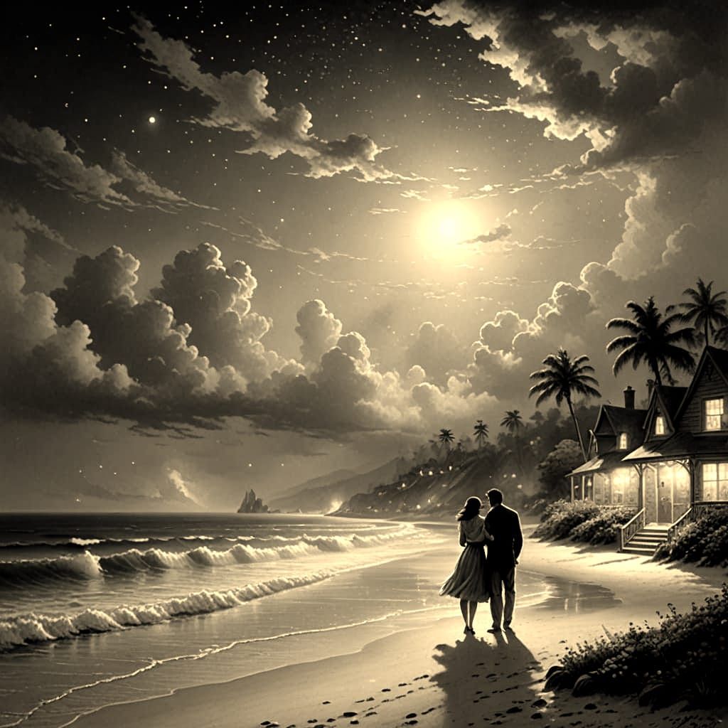 Lovers Embrace on Moonlit Beach: Ethereal Fantasy