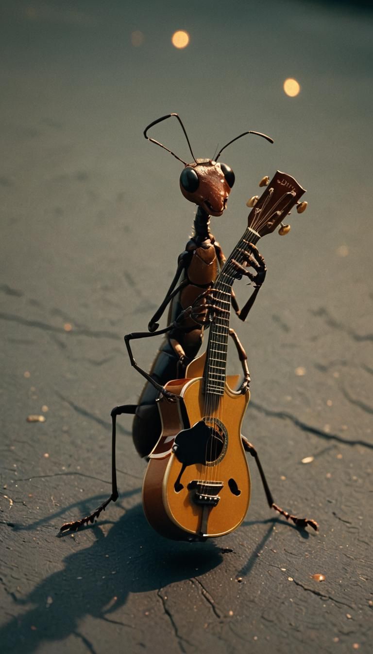 Ant Guitarist: Cinematic Film Still in Moody Lighting
