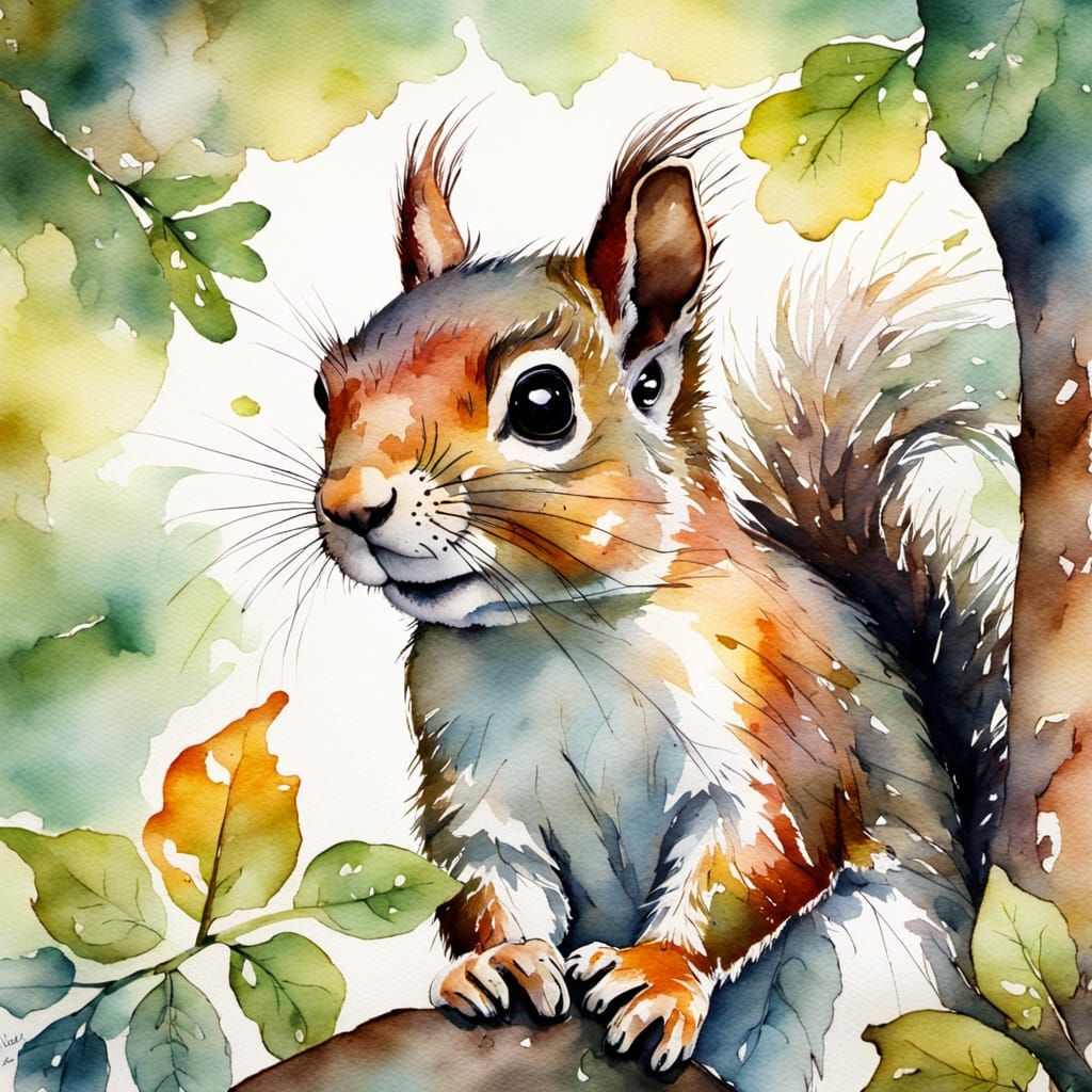 Whimsical Watercolour Squirrel Peeking Through Foliage