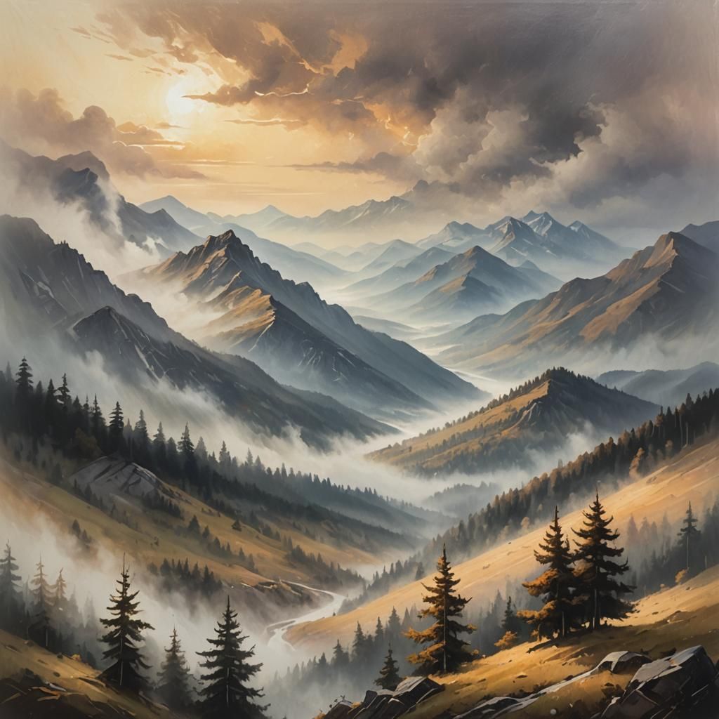 Misty Mountain Range in Ethereal Oil Painting