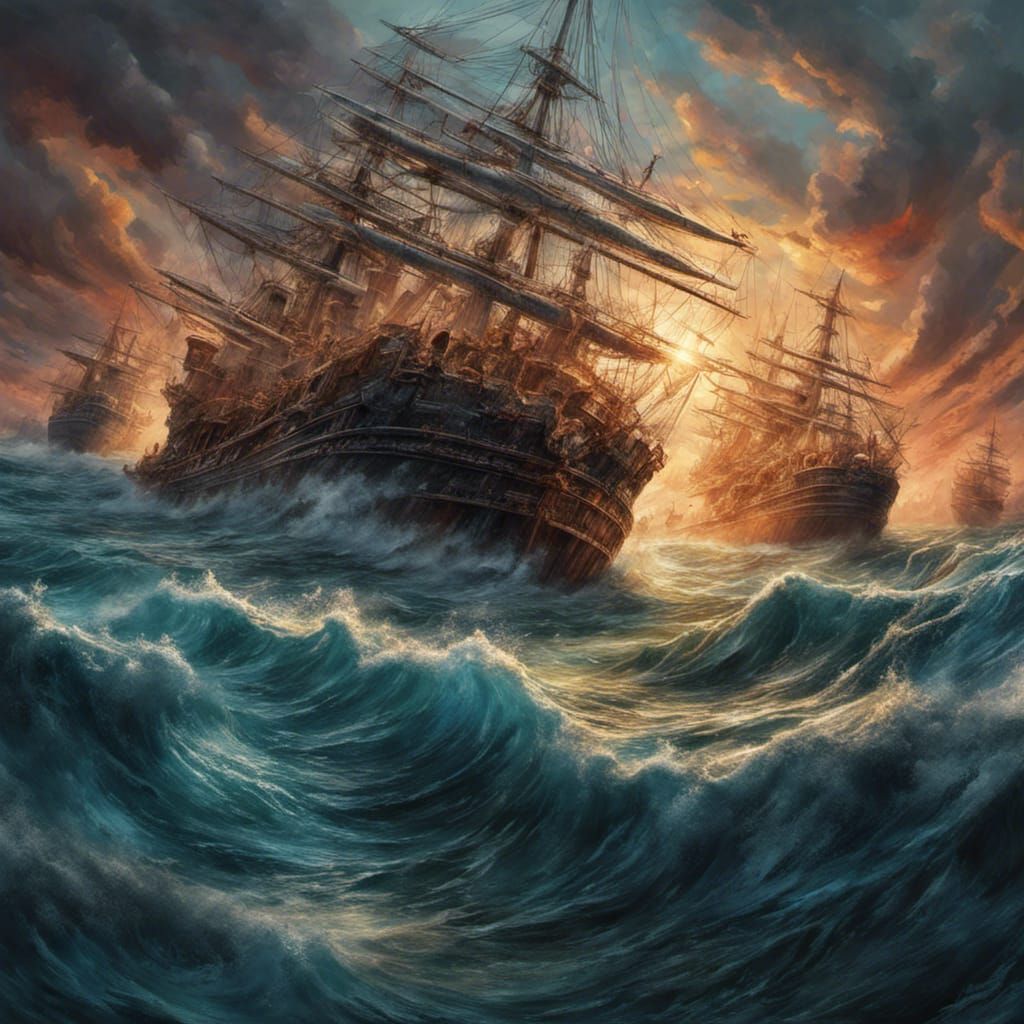 Drowning Ships in Swirling Sea: Hyperrealistic Splash Art