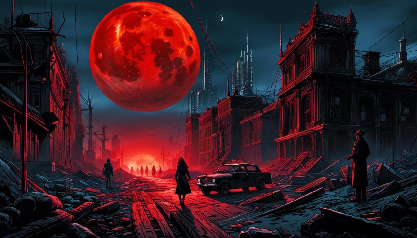 Eerie Dystopian Cityscape with Red Moon in Noir Style