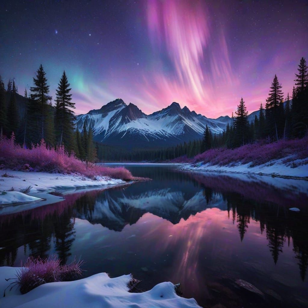Ethereal Snow-Covered Peaks Under Vibrant Aurora