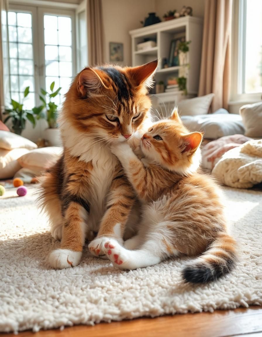 Playful kitten and mother cat are snuggling, nuzzling and gr...