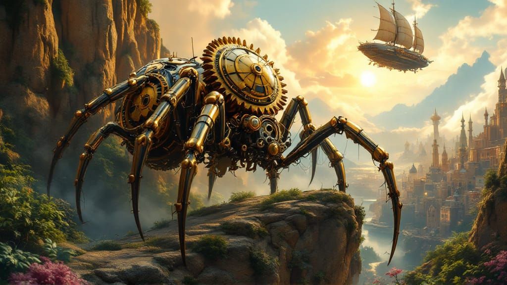 Clockwork Spider Leaps Toward Steampunk Metropolis