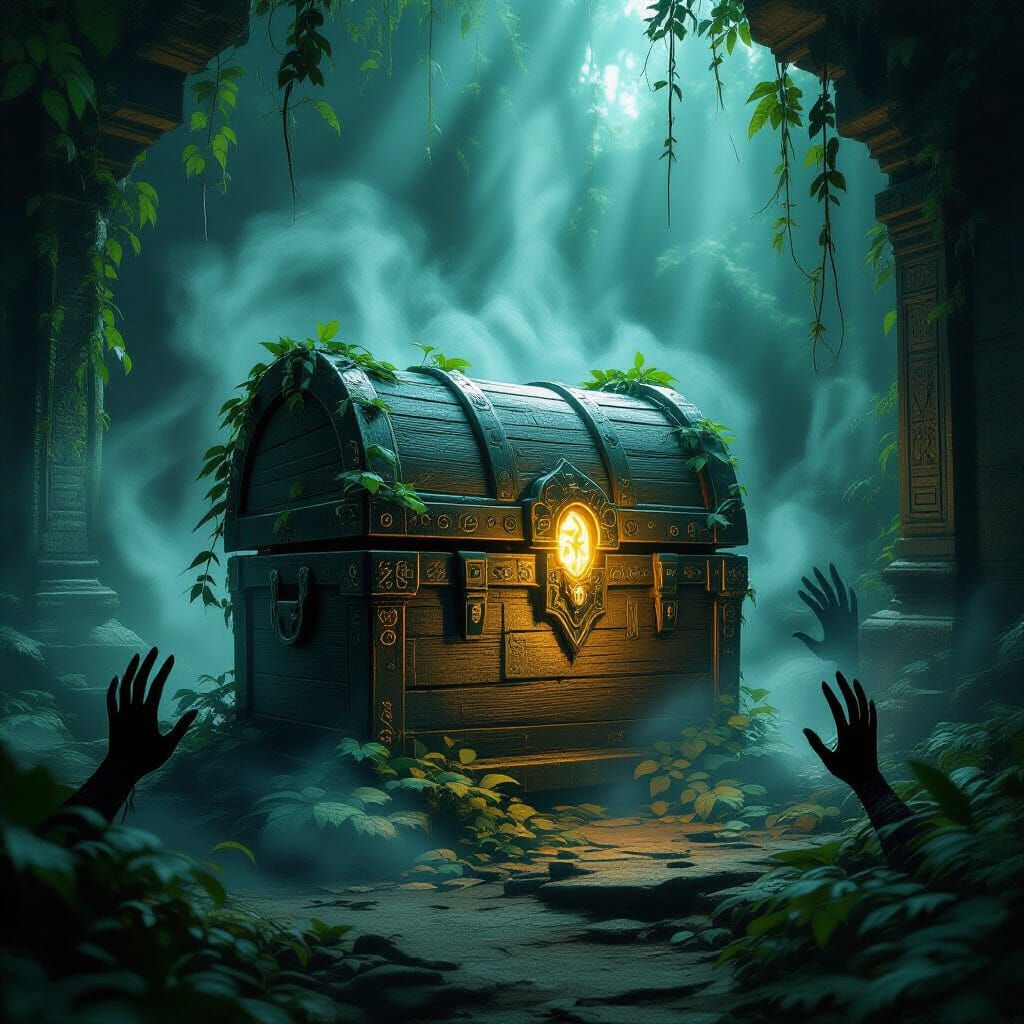 Mystical Chest in Jungle Temple, Gothic Elegance