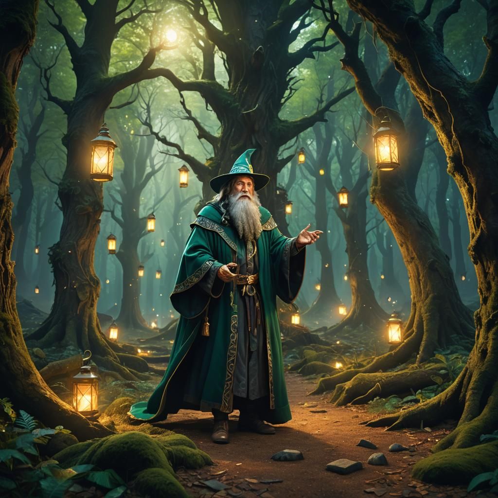 Mystical Wizard in Ancient Forest, Fantasy Art