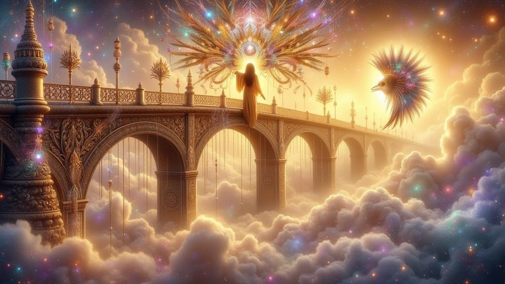 Golden Bridge in Misty Sky at Sunrise