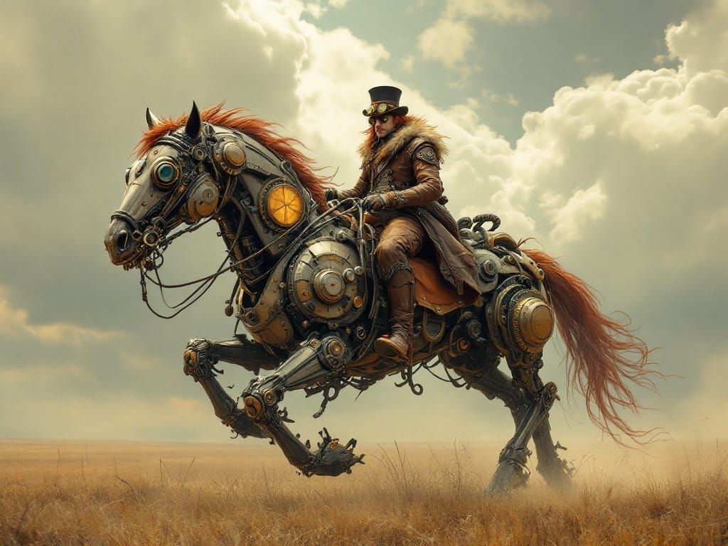 Steampunk Rider Unleashes Machine on Winding Field