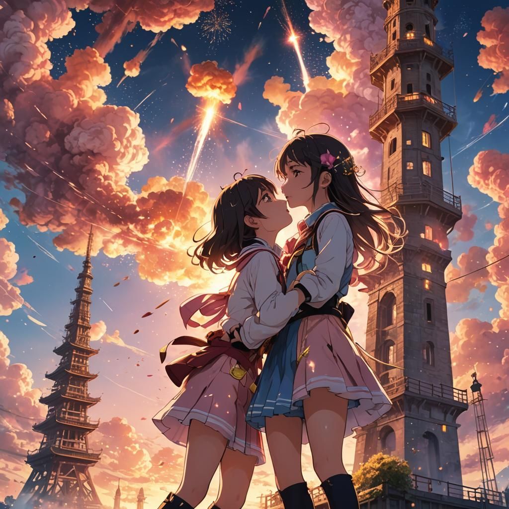 Romantic Anime Kiss Under Explosive Sky