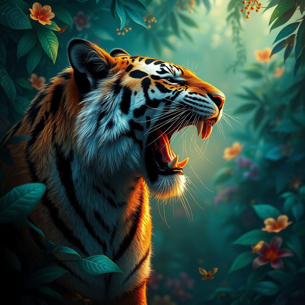 Majestic Tiger in Profile, Jungle Backdrop, in Deep Colors