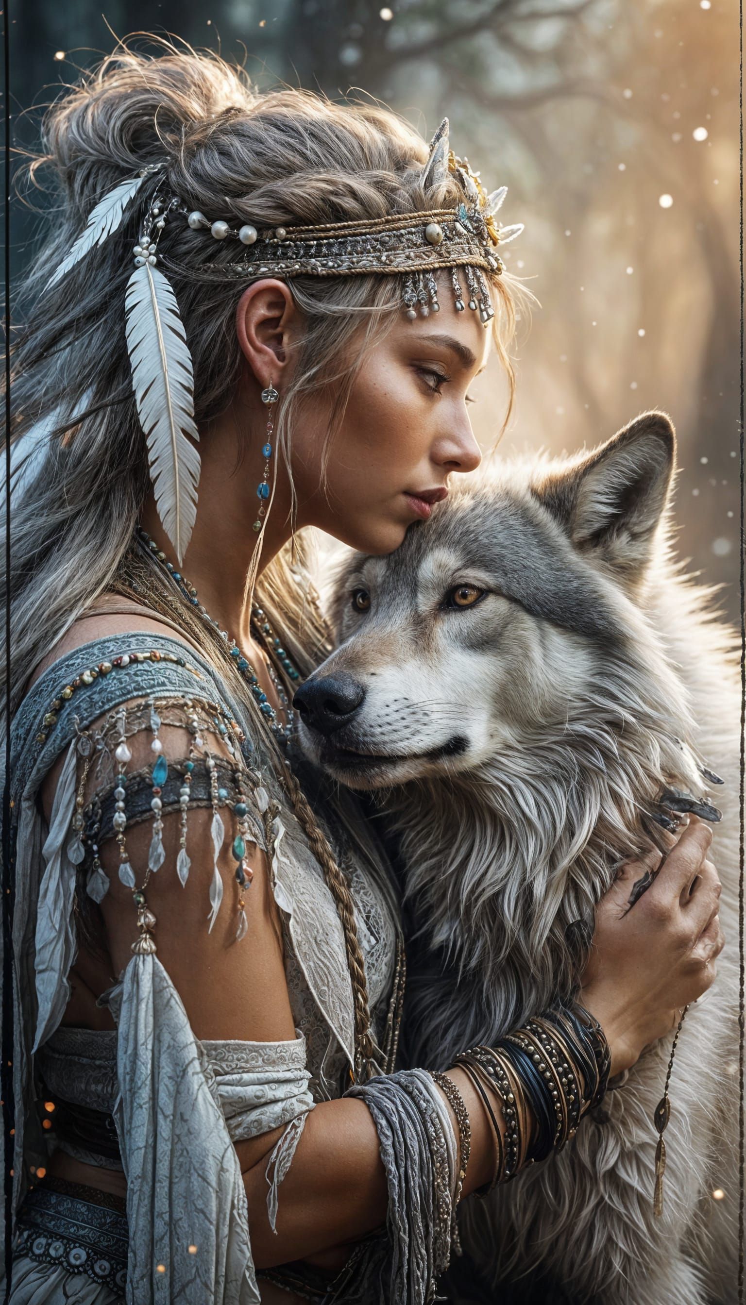 Serene Fantasy Portrait Of Woman Embracing Wolf