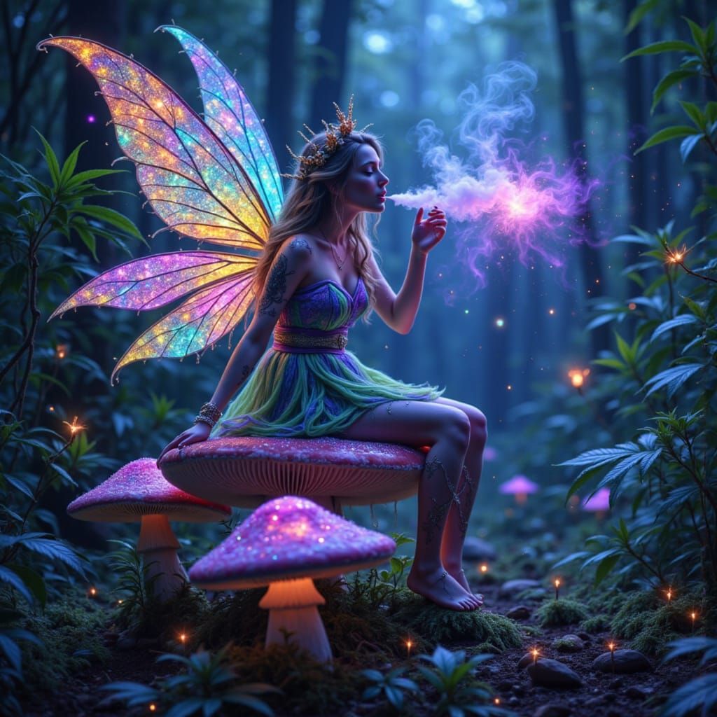 Cannabis Fairy on Mushroom in Neon Bioluminescent Style
