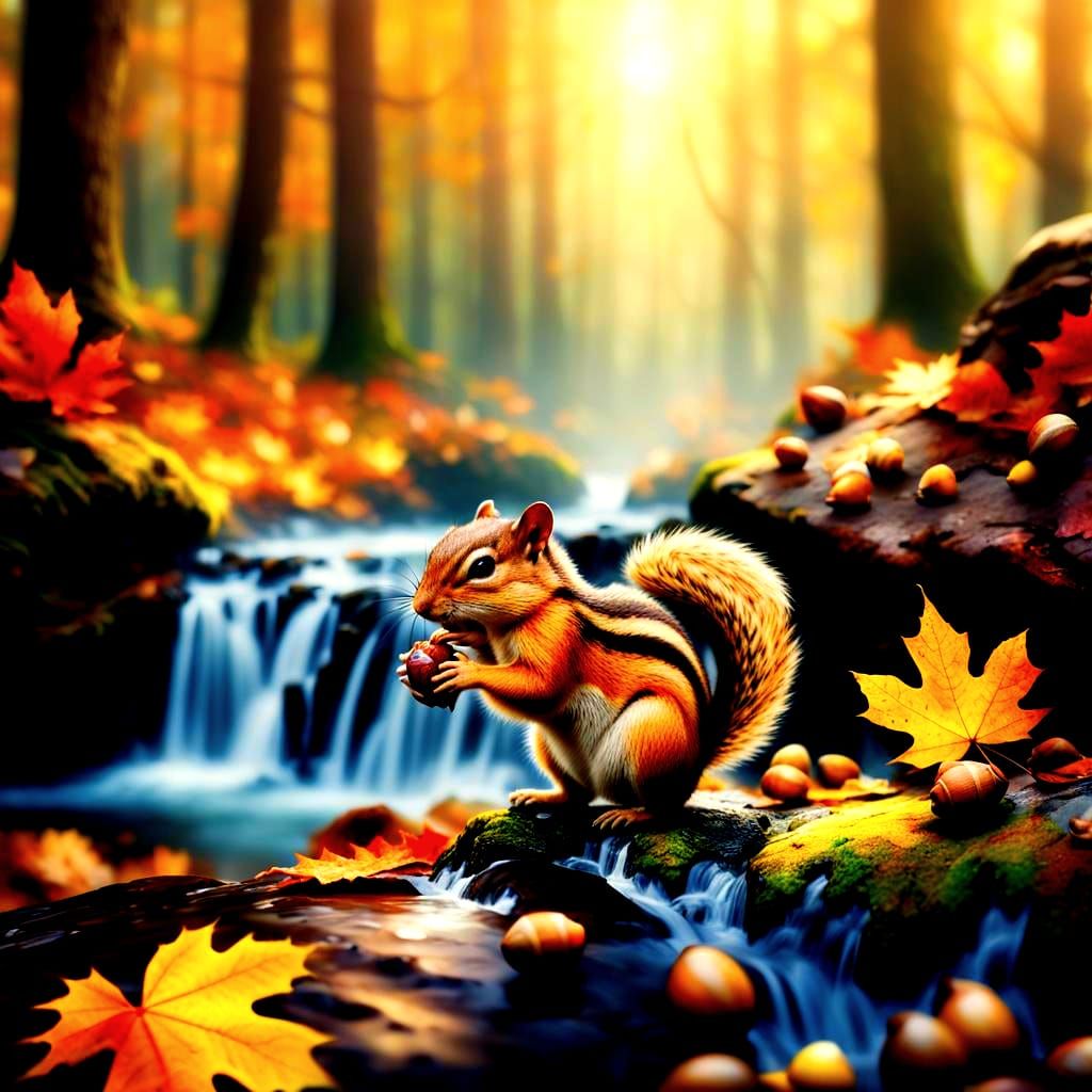 Chipmunks Playing in Autumn Waterfall Wonderland