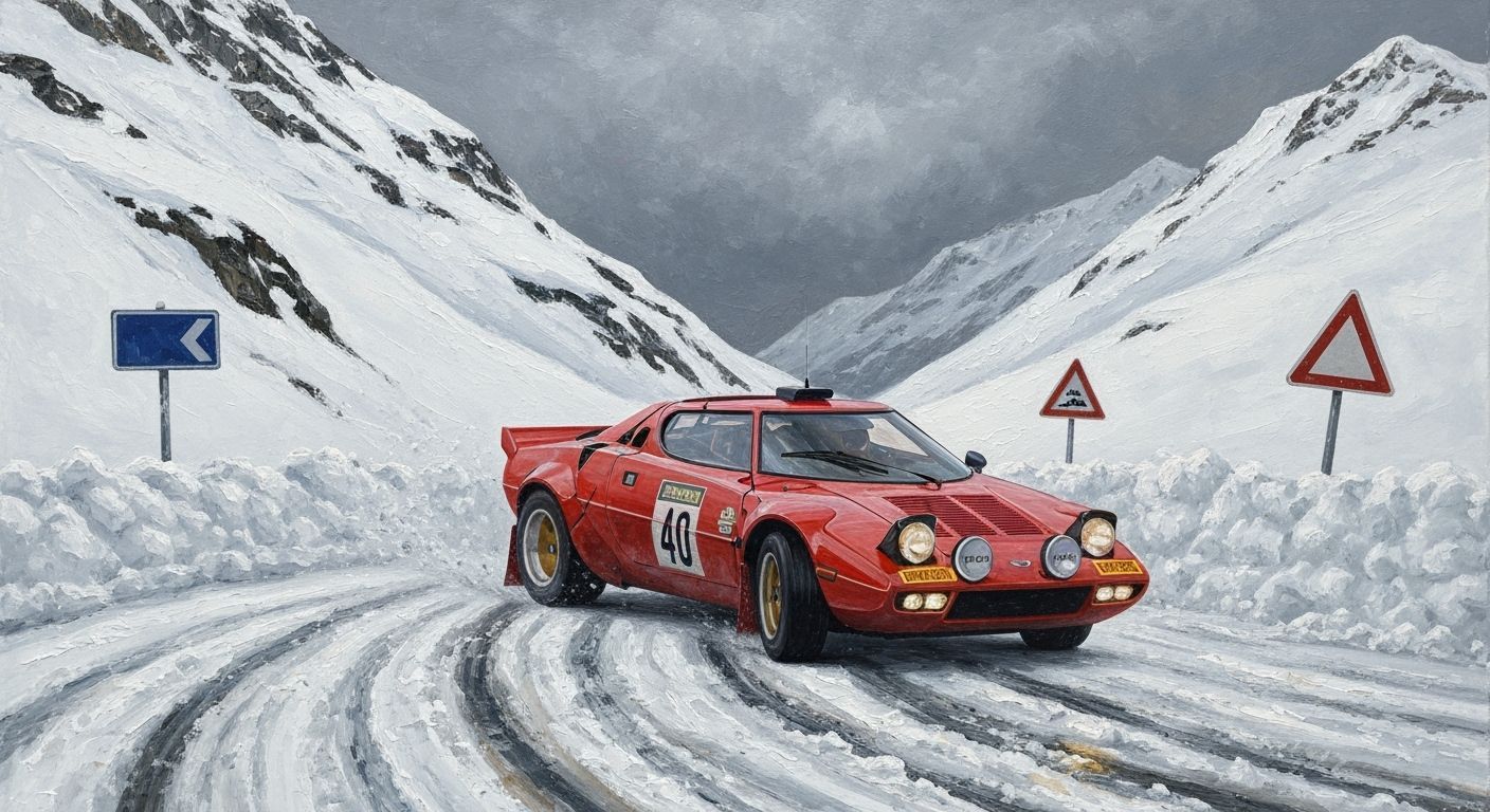 1975 Lancia Stratos Rally Car on Snowy Monte Carlo Road
