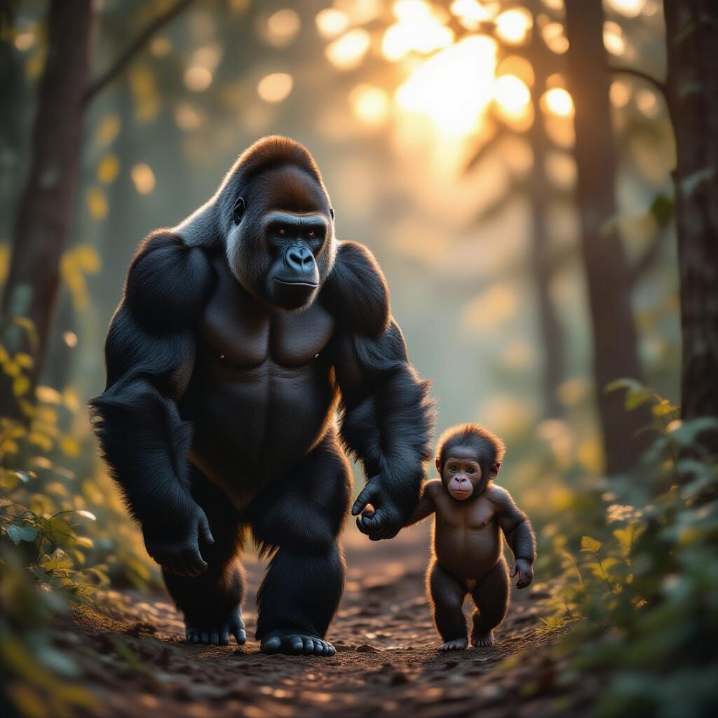 Gorilla Mother and Baby Walk at Sunset in Watercolor Style