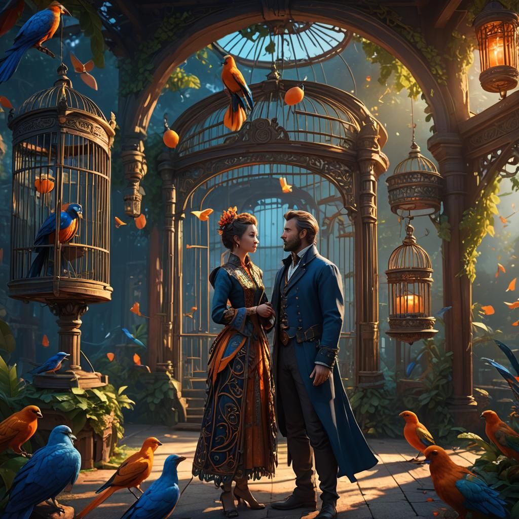 Fantastical Bird Cage Scene in Digital Art Style