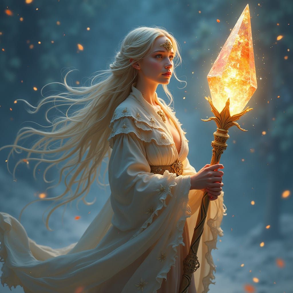 Ethereal Fantasy Heroine with Glowing Crystal Staff