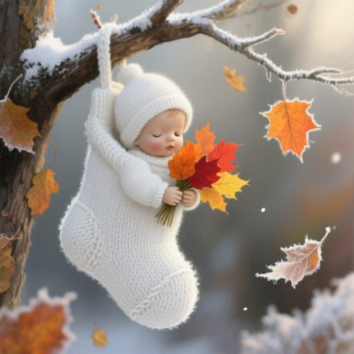 Knitted Christmas Stocking with Baby and Autumn Leaves