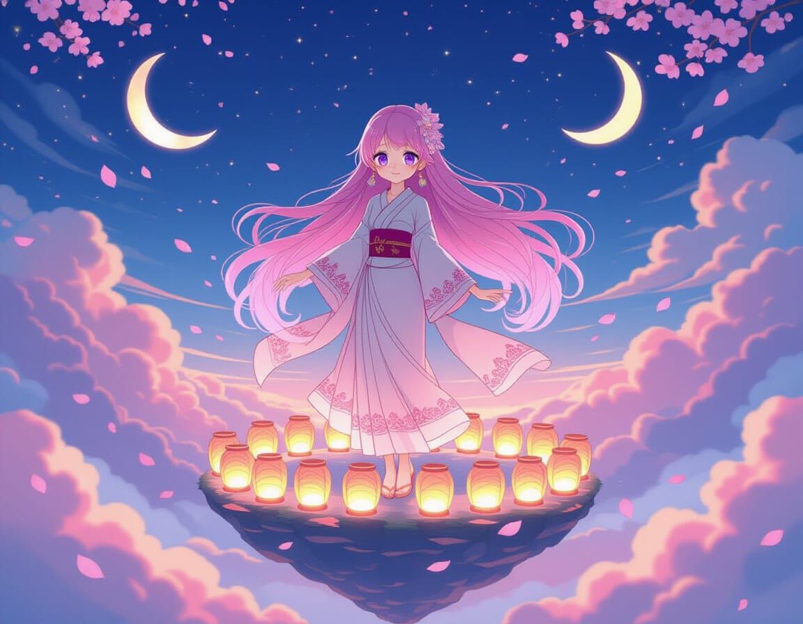 Anime Girl on Floating Lantern Island in Ghibli Style