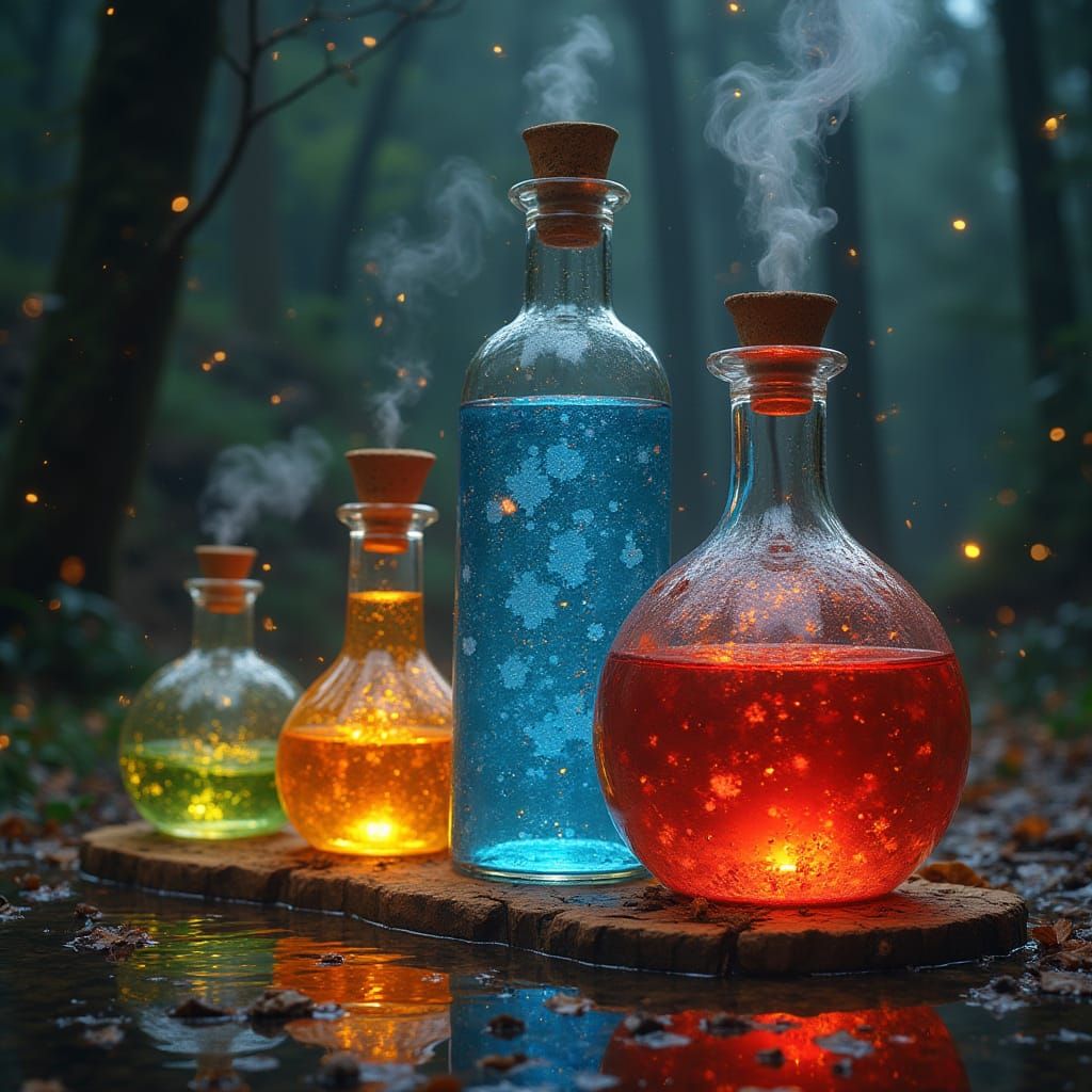 Giant Magical Potions in Mystical Landscape