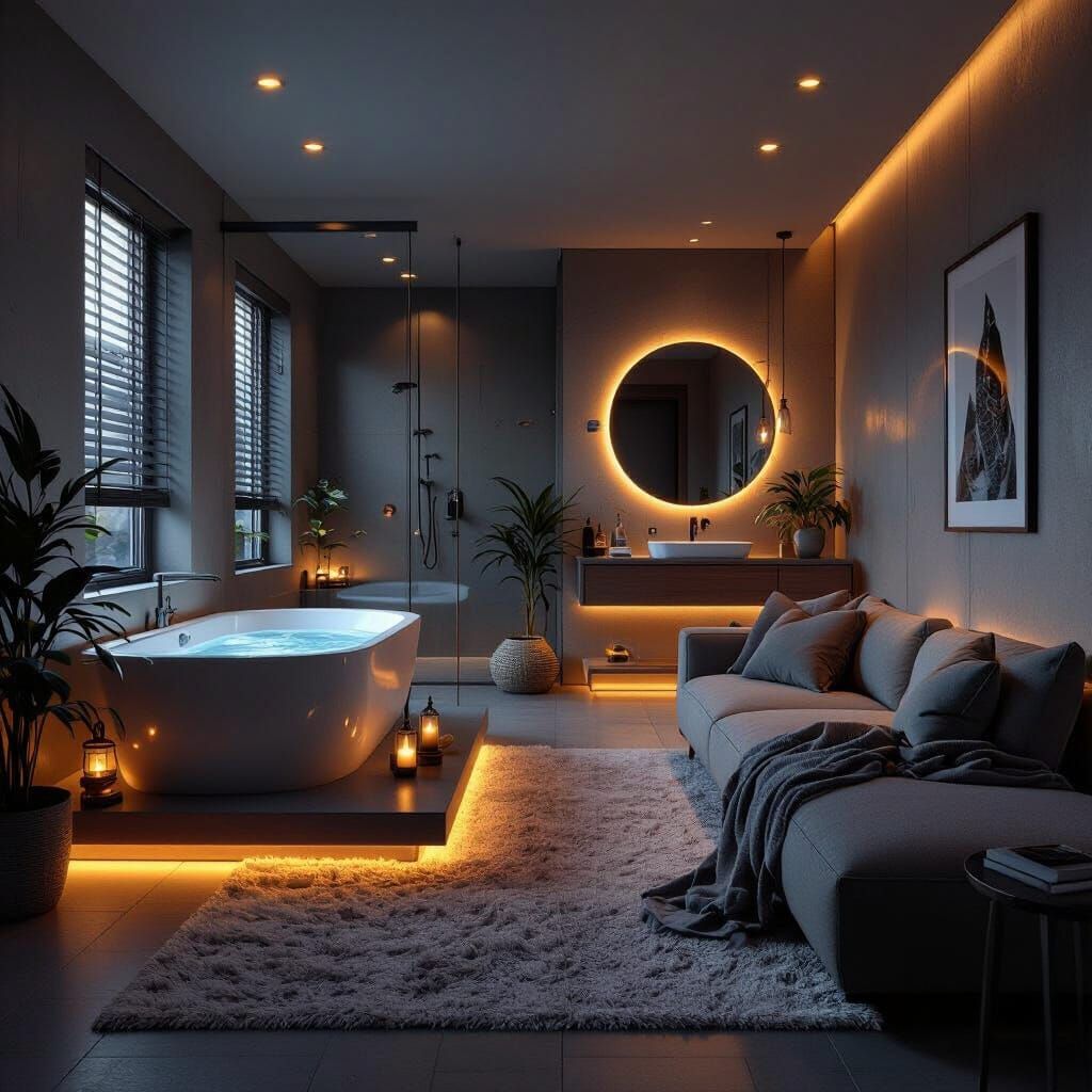 Modern Living Room Merges with Bathroom in Moody Cinematic L...