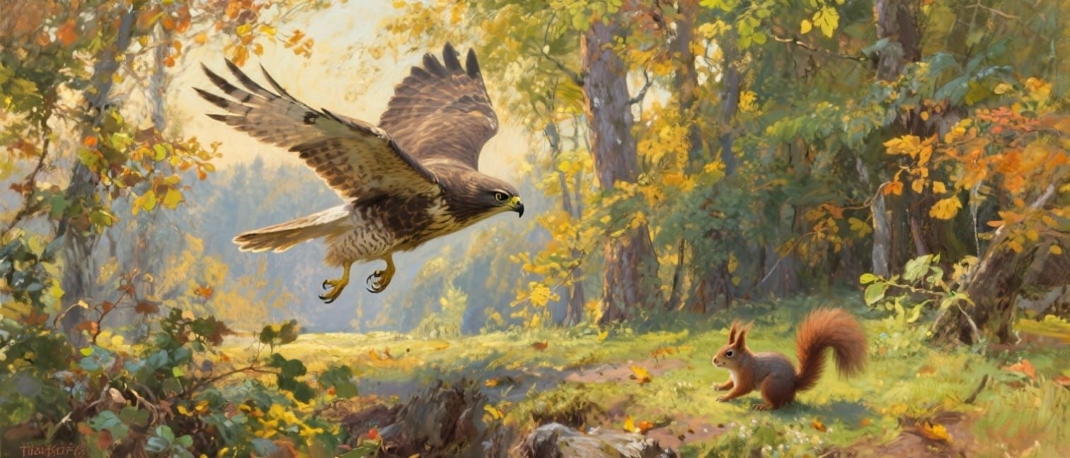 Hawk Swooping on Squirrel in Sunlit Forest