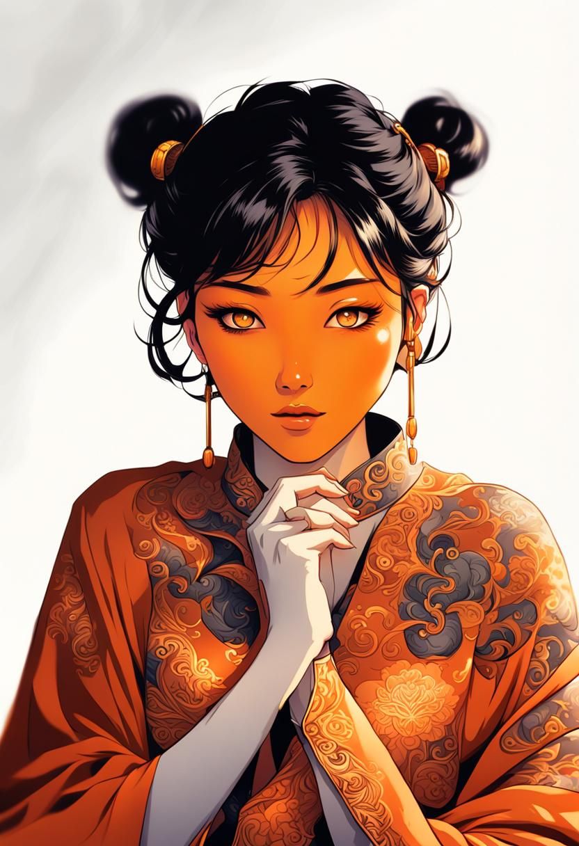 Cartoon Asian Woman with Orange Skin in Comics Style