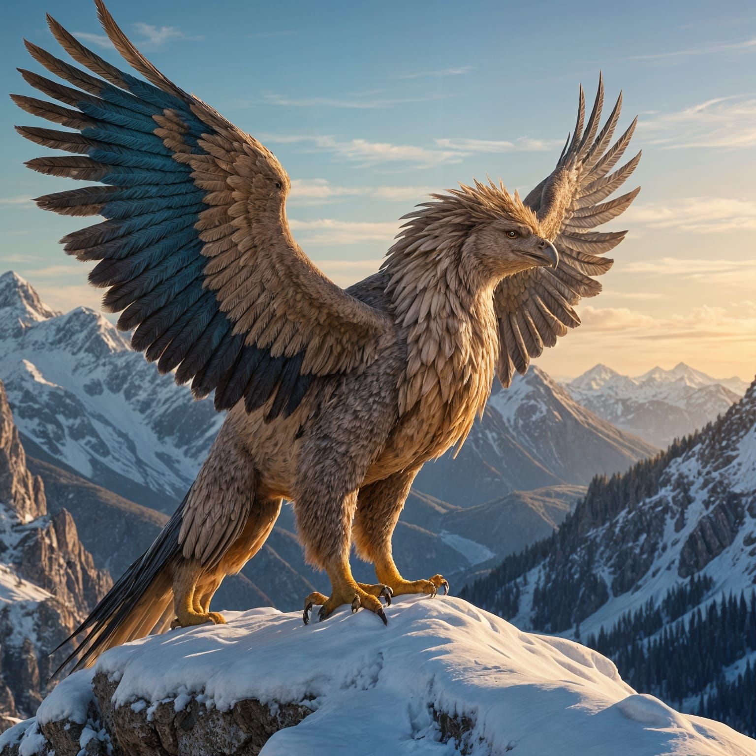 Griffin Perched Atop Mountain Peak at Sunrise