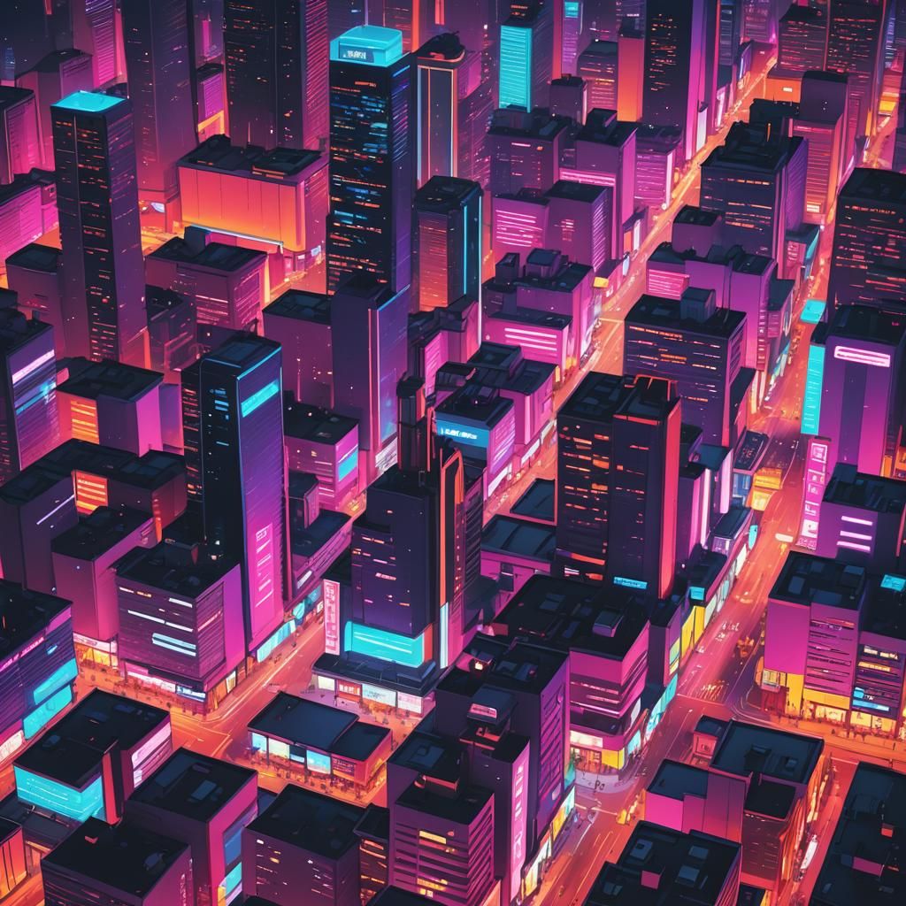 Neon Retro Cityscape at Night in Synthwave Style