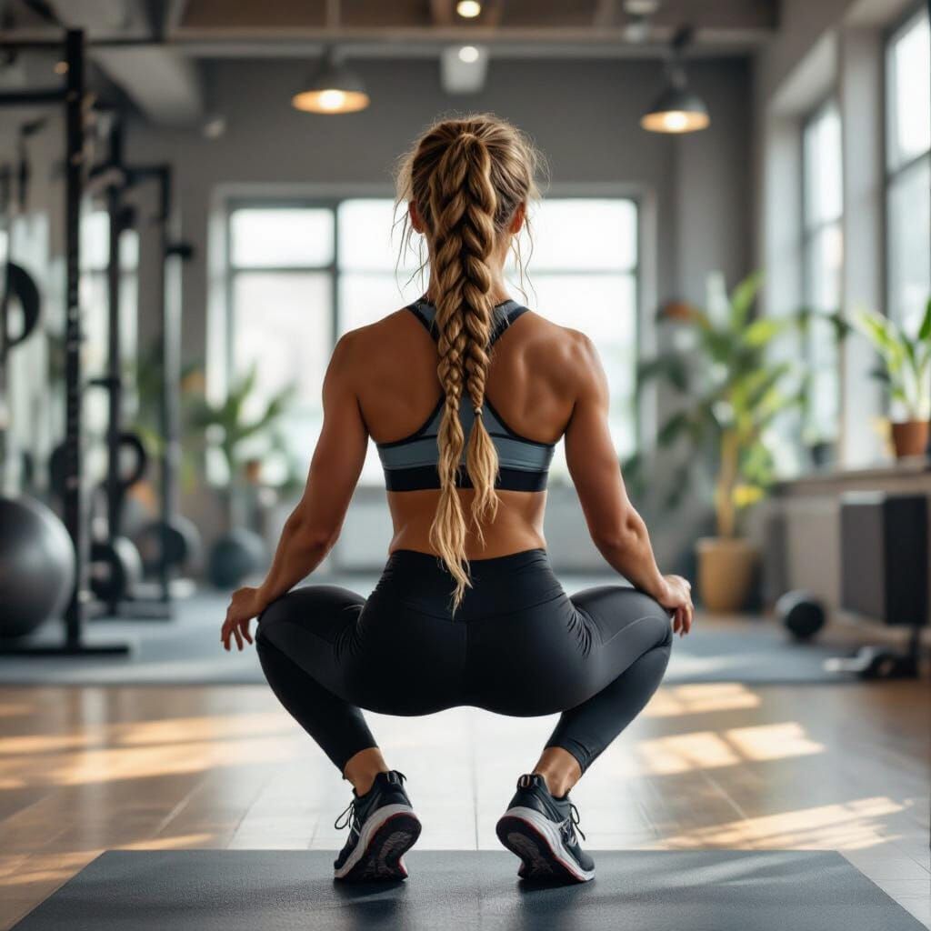 Blonde Woman Doing Squats in Fitness Gym