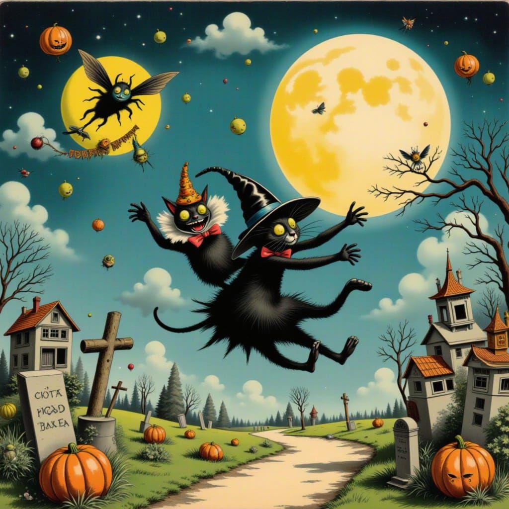 Mischievous Cat Chases Moth in Spooky Graveyard