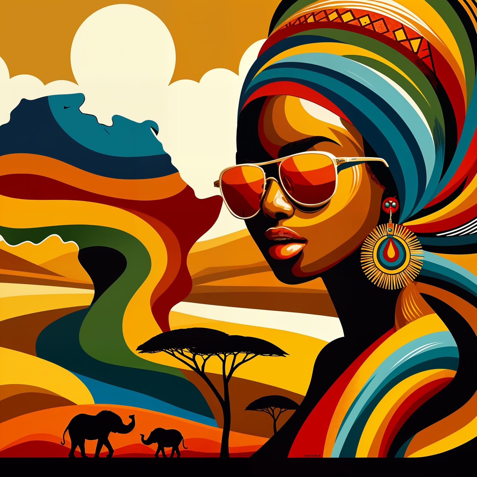 Vibrant African Desert Oasis in Traditional Art Style